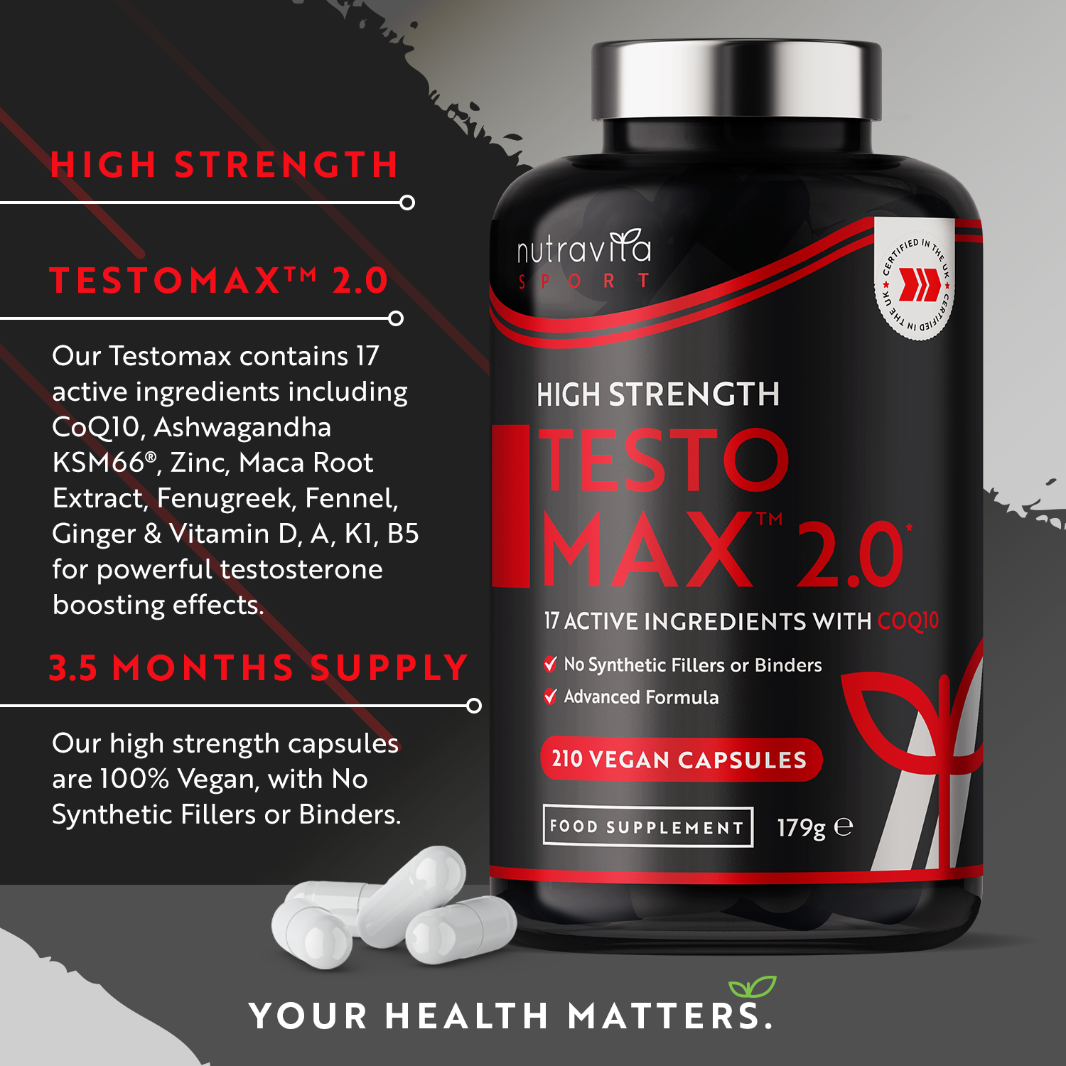 TESTOMAX™ 2.0 Supplements for Men 210 Vegan Capsules with Ashwagandha KSM 66®, CoQ10 & Maca Root