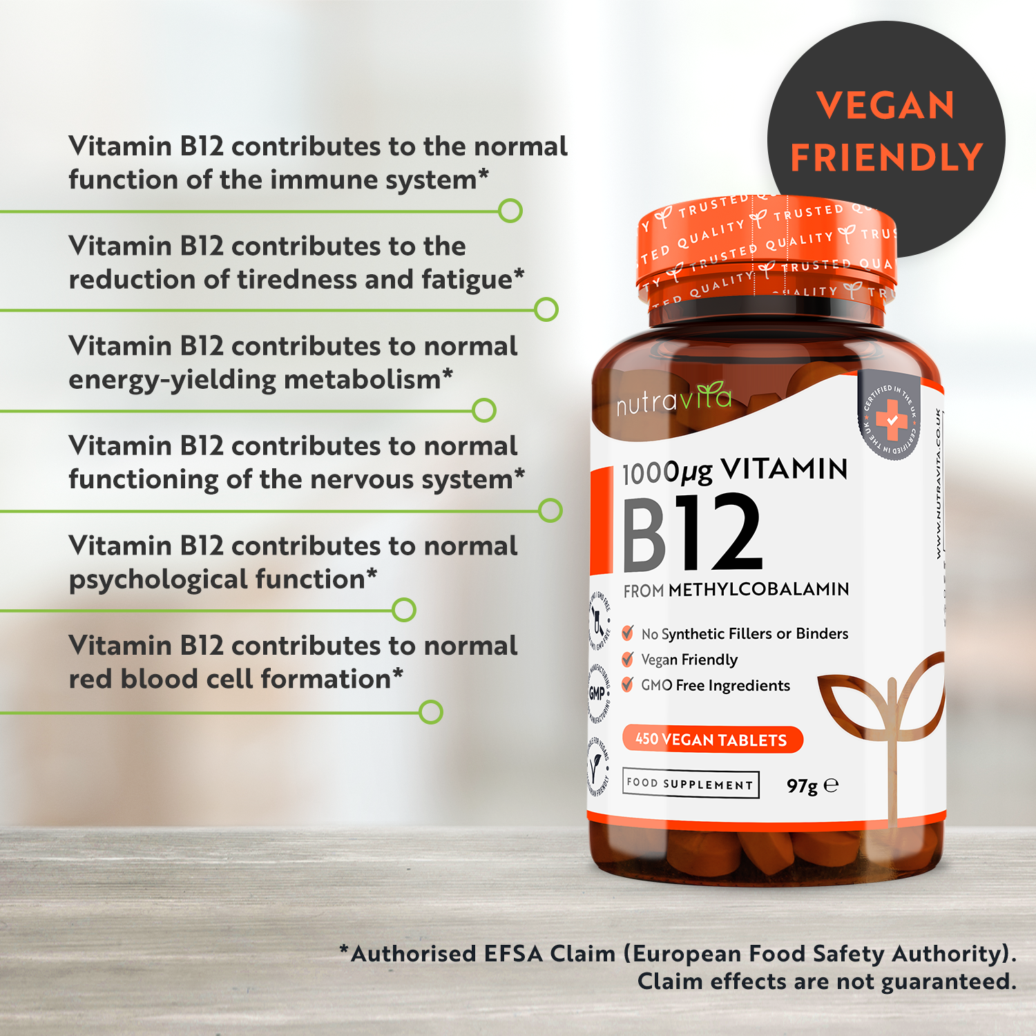 Vitamin B12 1000mcg Large Pack 450 Vegan Tablets