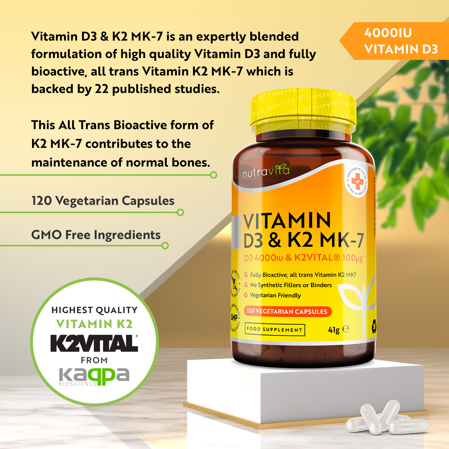 Vitamin D3 4000IU  & Vitamin K2VITAL®️ 100ug 120 Vegetarian Capsules