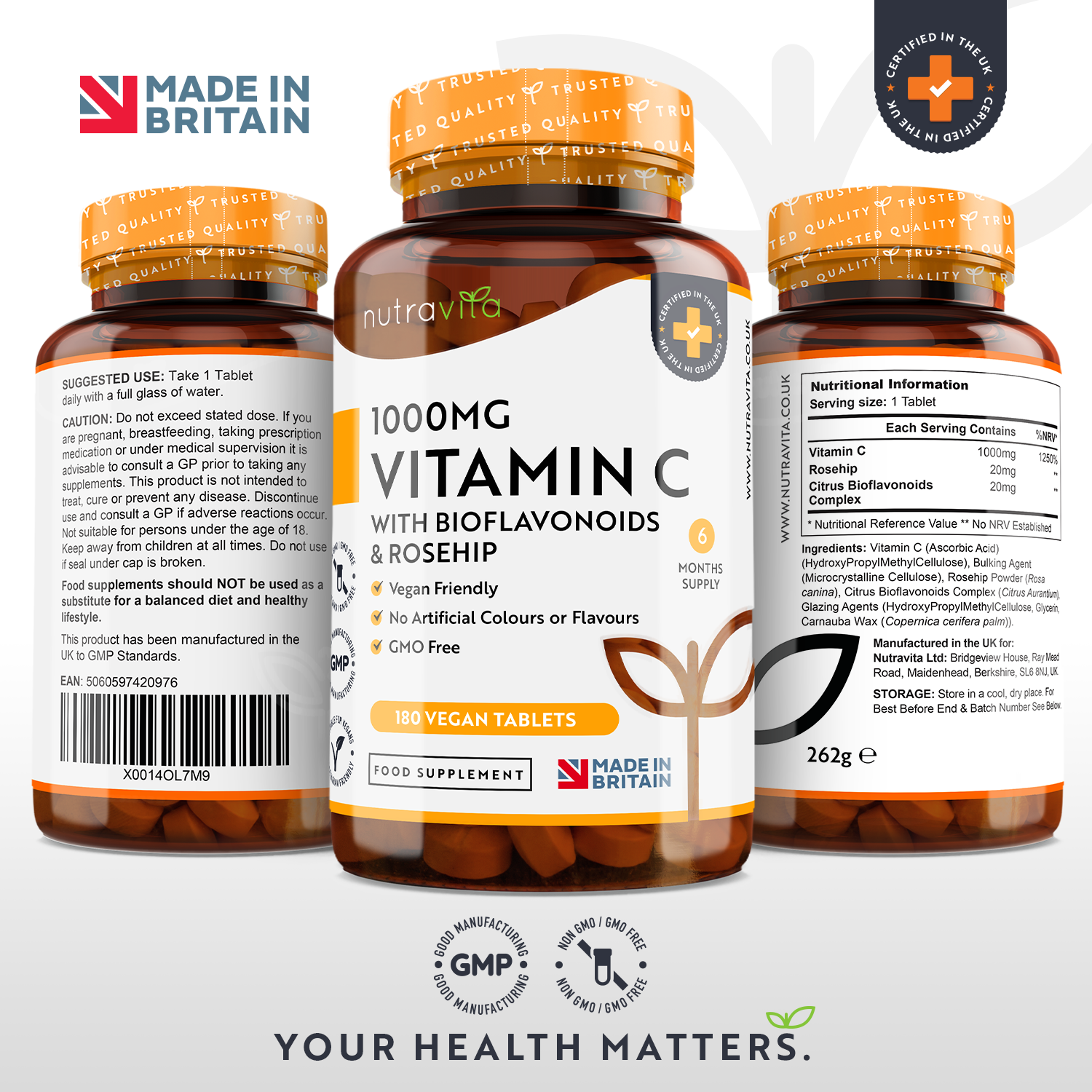 Vitamin C 1000mg with Bioflavonoids & Rosehip 180 Vegan Tablets