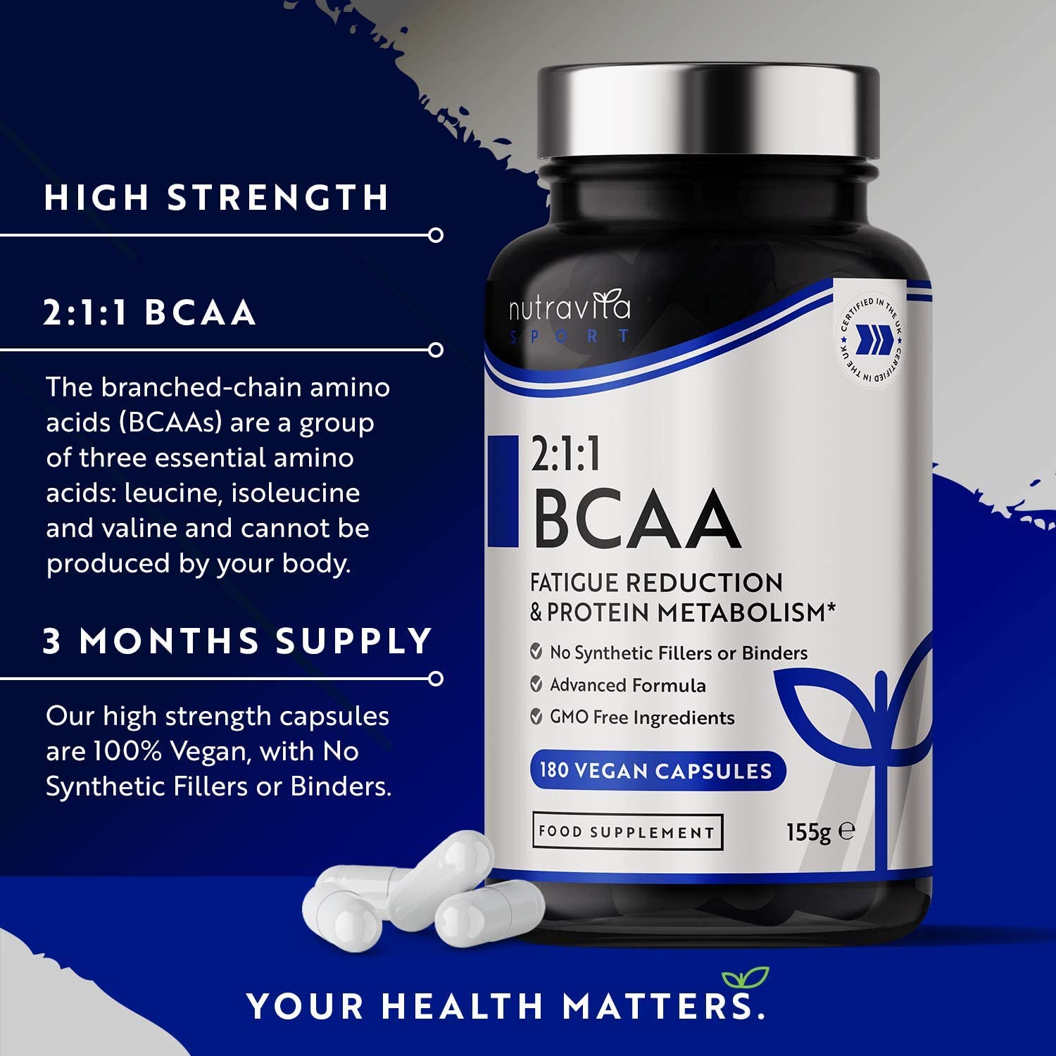 BCAA (2:1:1 ) with Vitamin B6 & B12 180 Vegan Capsules