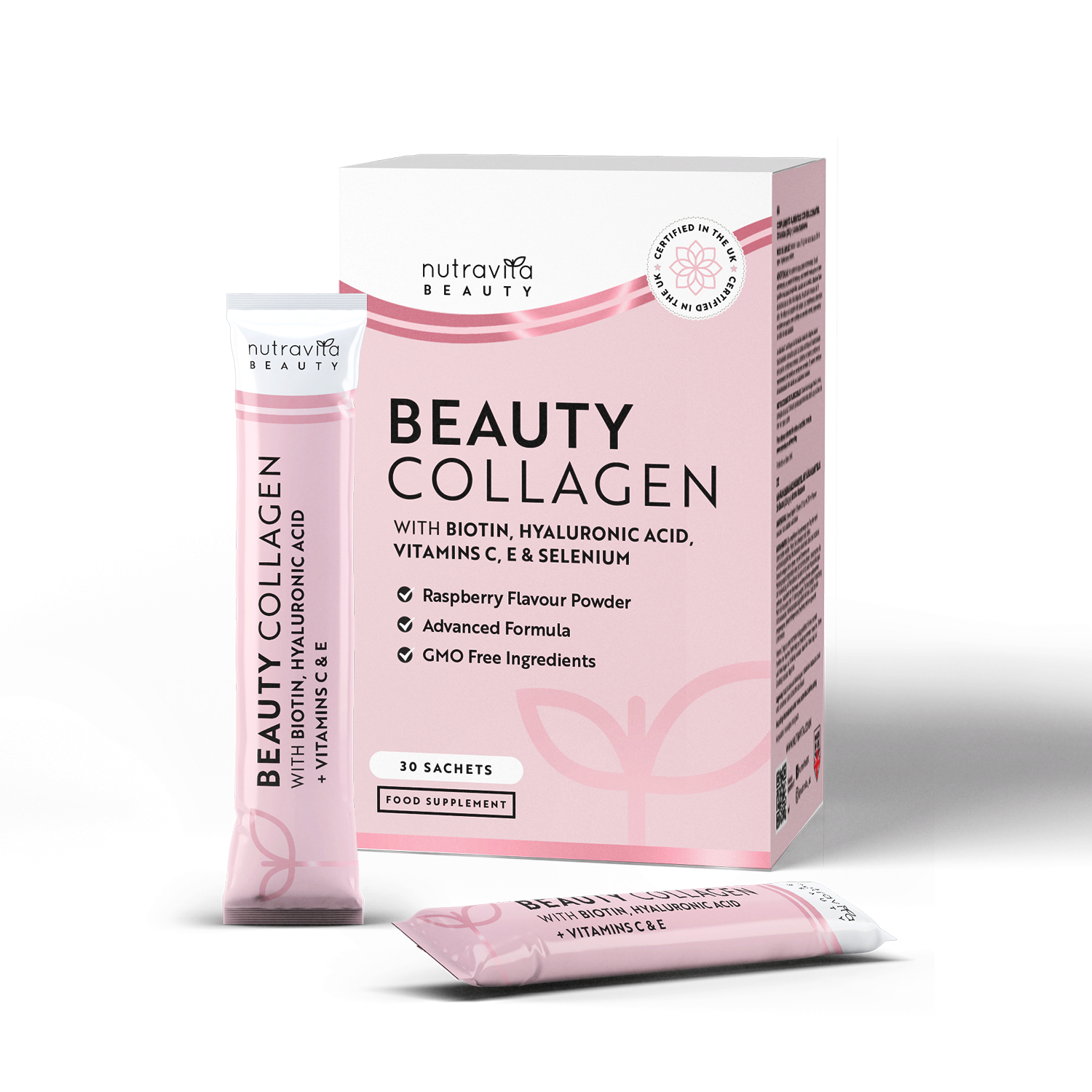 Collagen Sachets - Enhanced with Biotin, Hyaluronic Acid, Vitamin C & E - 30 Raspberry Flavoured Sachets