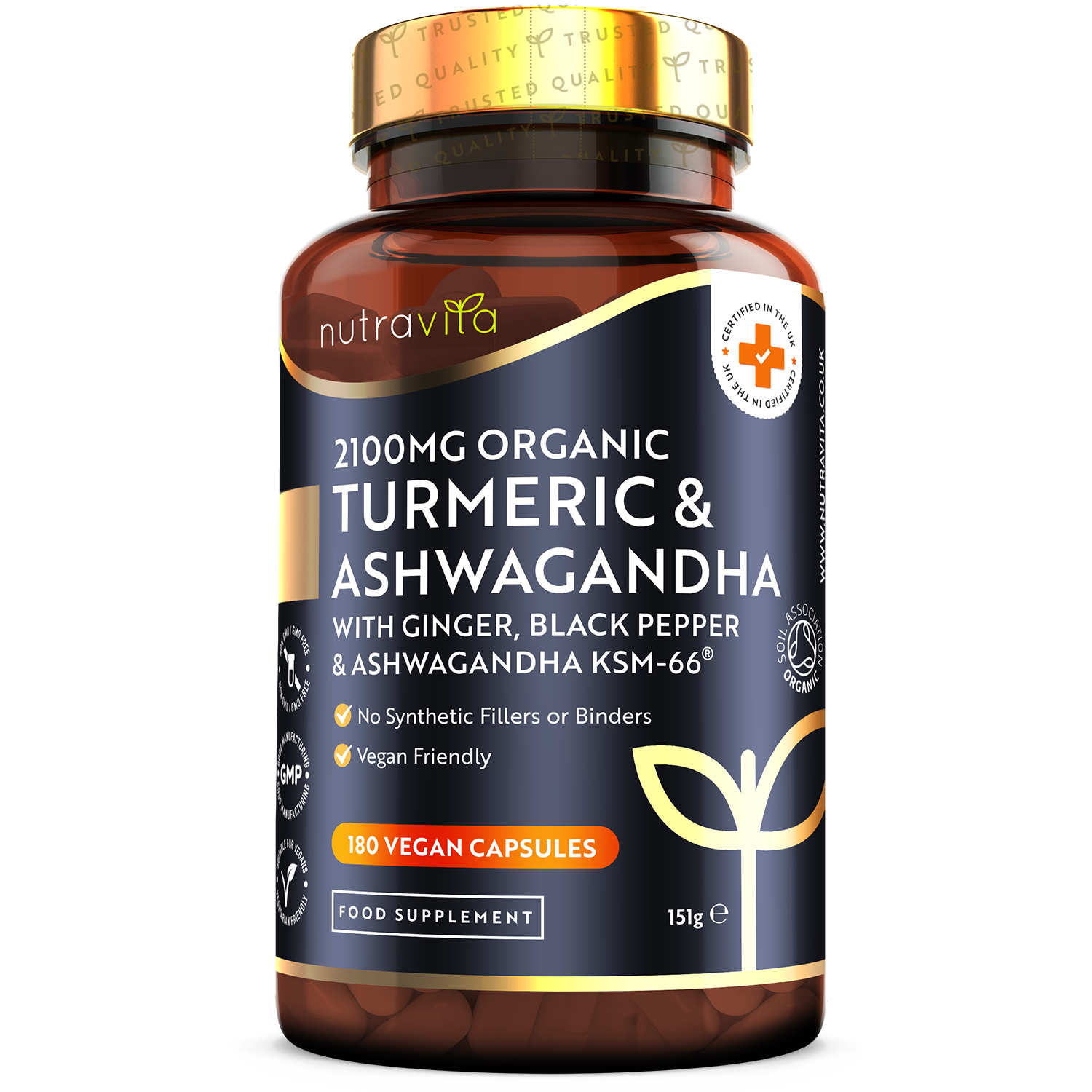 Organic Turmeric 2100mg & Ashwagandha KSM-66 ® with Ginger & Black Pepper - 180 Vegan Capsules