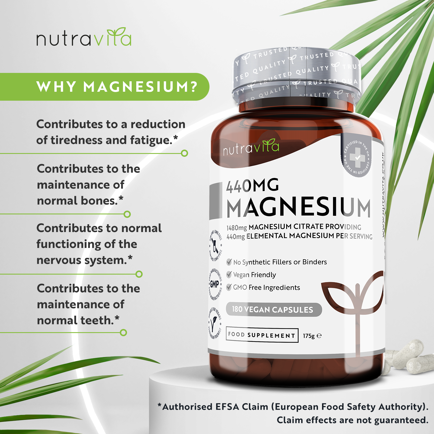 Magnesium Citrate 1480mg 180 Vegan Capsules
