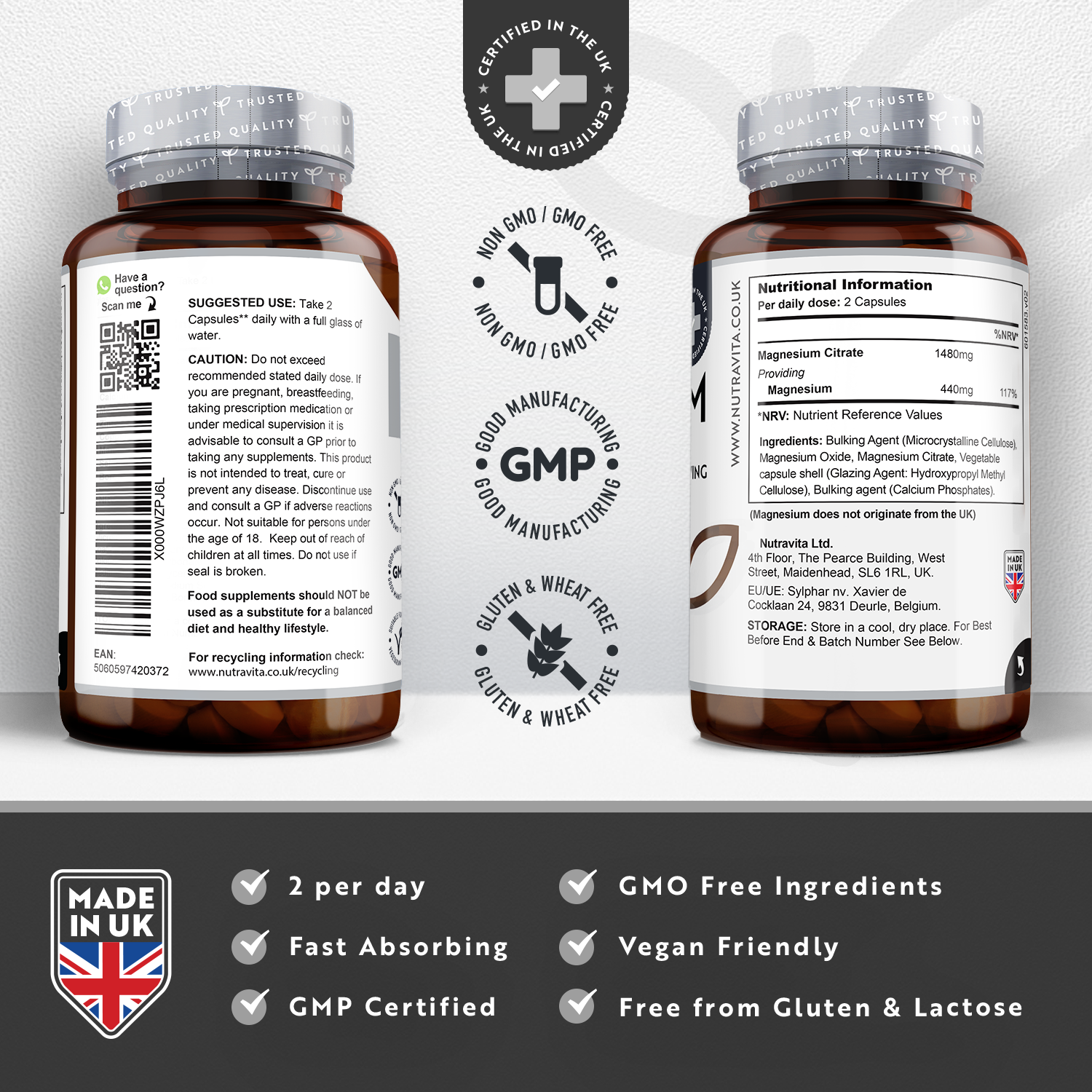 Magnesium Citrate 1480mg 180 Vegan Capsules
