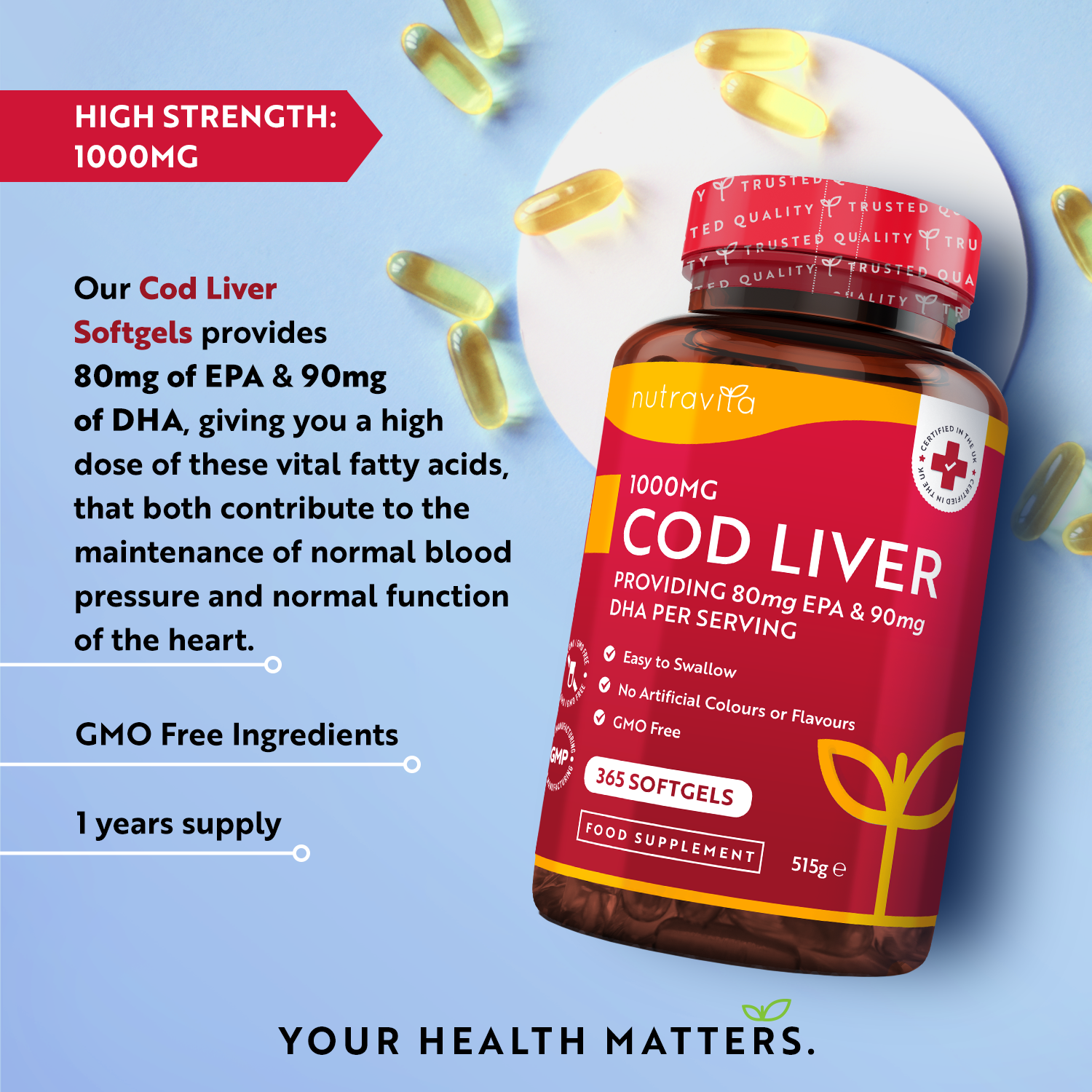 Cod Liver Oil 1000mg Cold Pressed Fish Oil 365 Softgels