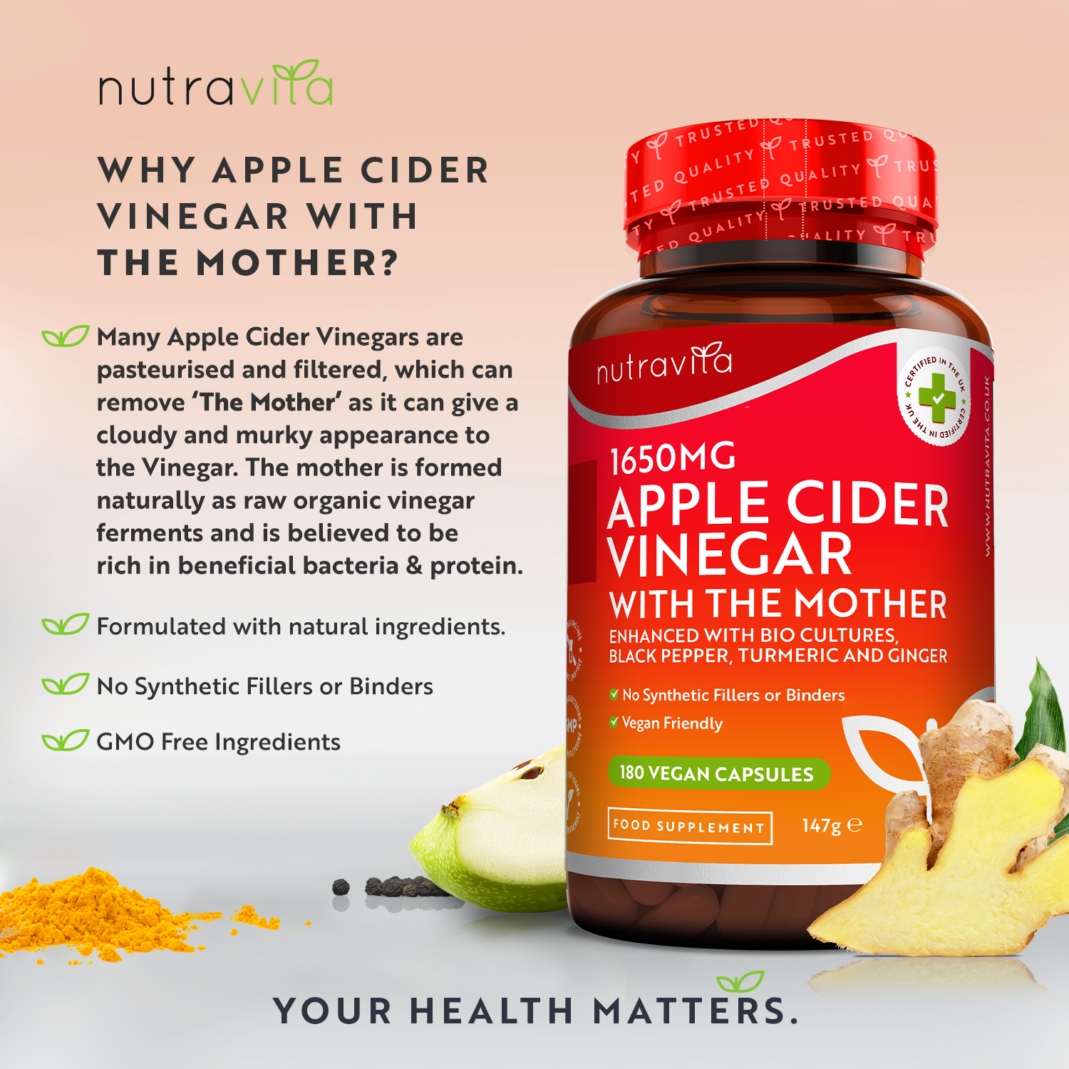 Apple Cider Vinegar 1650MG with The Mother 180 Vegan Capsules
