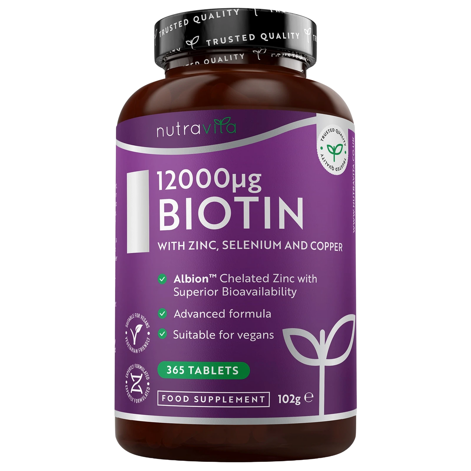 Biotin 12,000ug with Albion™ Zinc, Selenium & Copper 365 Vegan Tablets