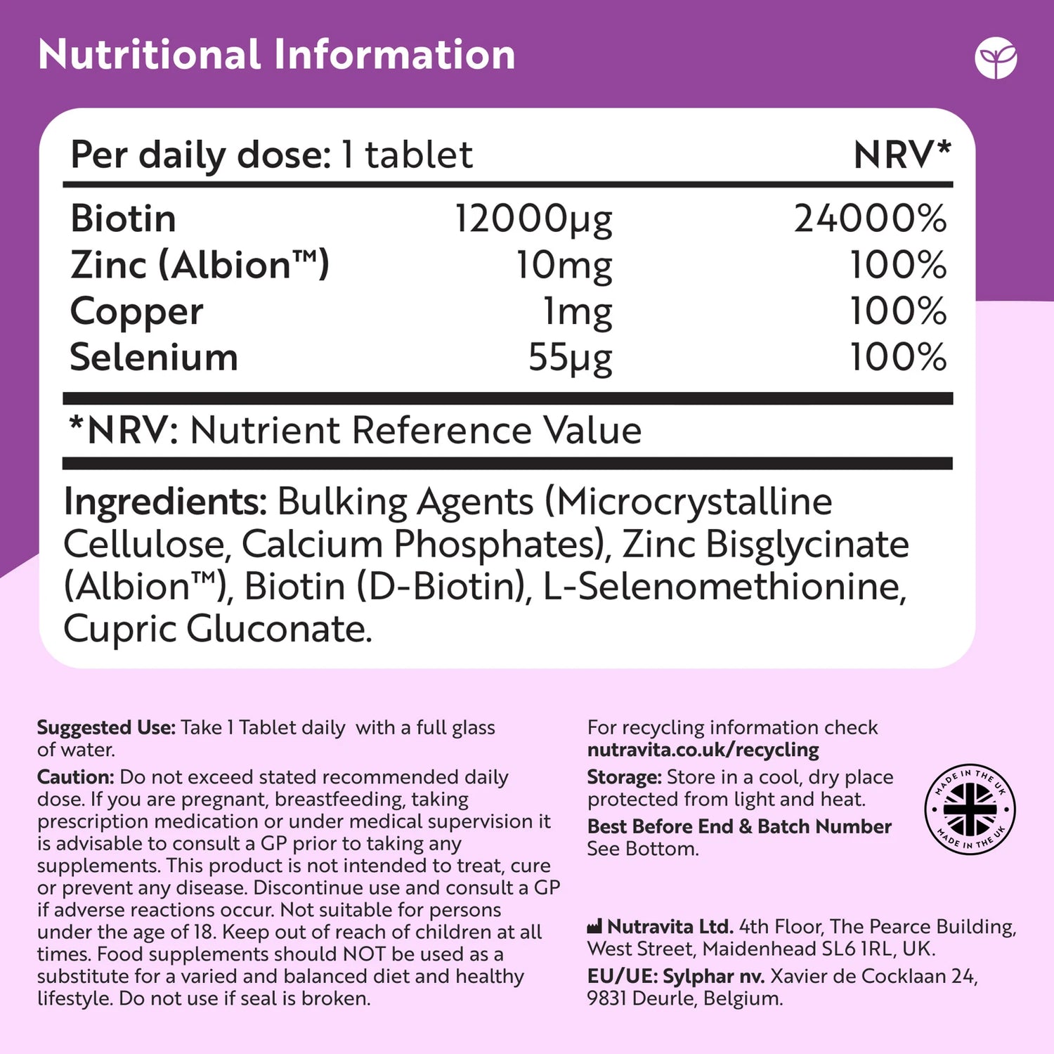 Biotin 12,000ug with Albion™ Zinc, Selenium & Copper 365 Vegan Tablets