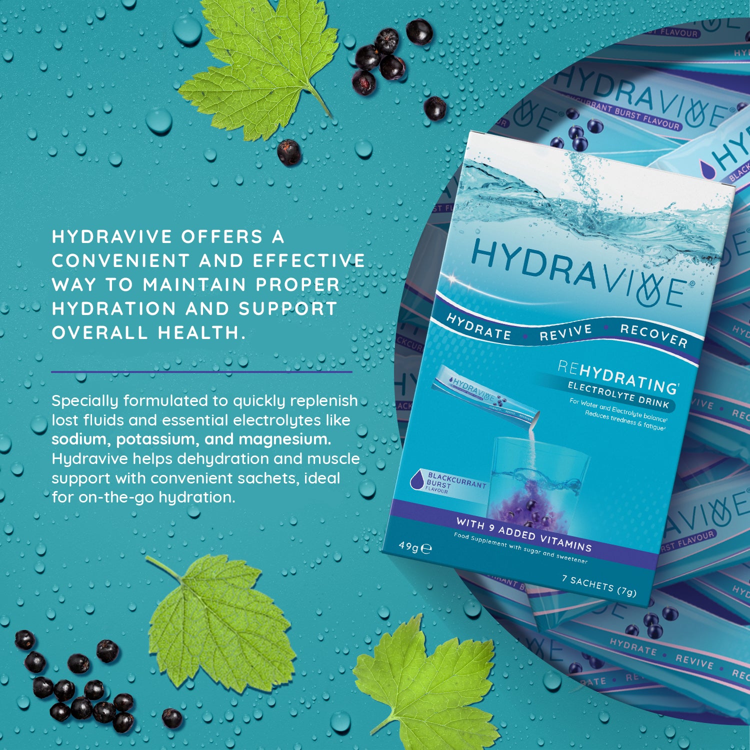 Hydravive Rapid Rehydration Electrolytes Powder 21 Pack Blackcurrant