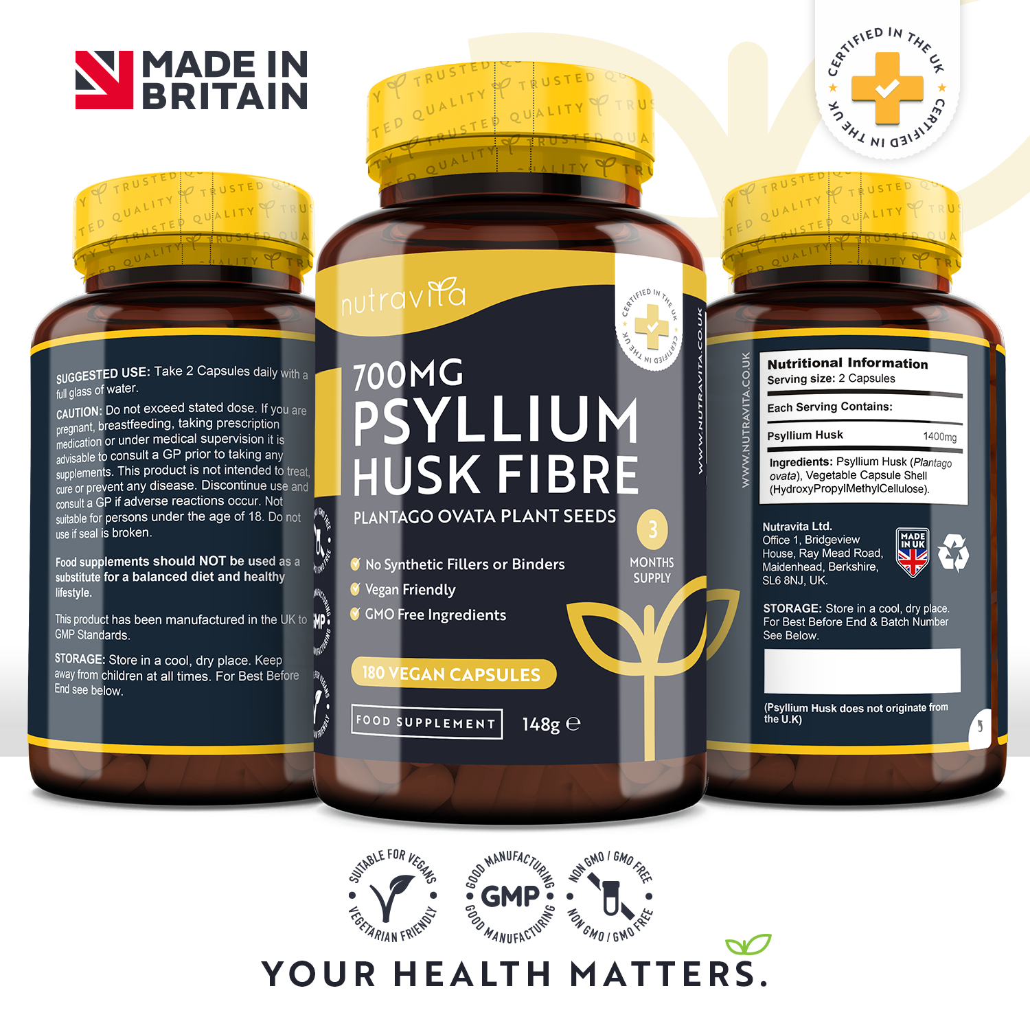 Psyllium Husk Fibre 700mg 180 Vegan Capsules