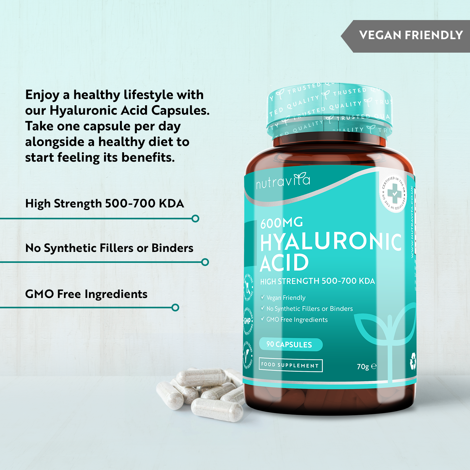 Hyaluronic Acid 600mg - 90 Vegan Capsules
