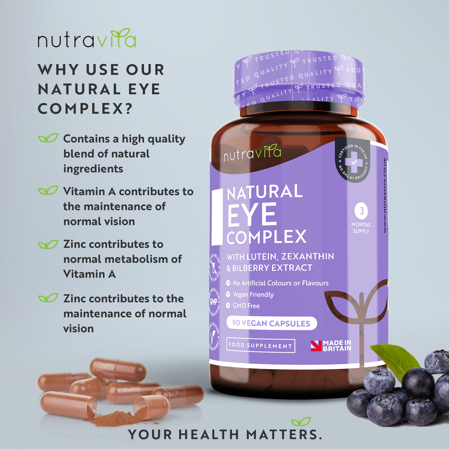 Natural Eye Complex 90 Vegan Capsules with Bilberry, Lutein & Zeaxanthin.