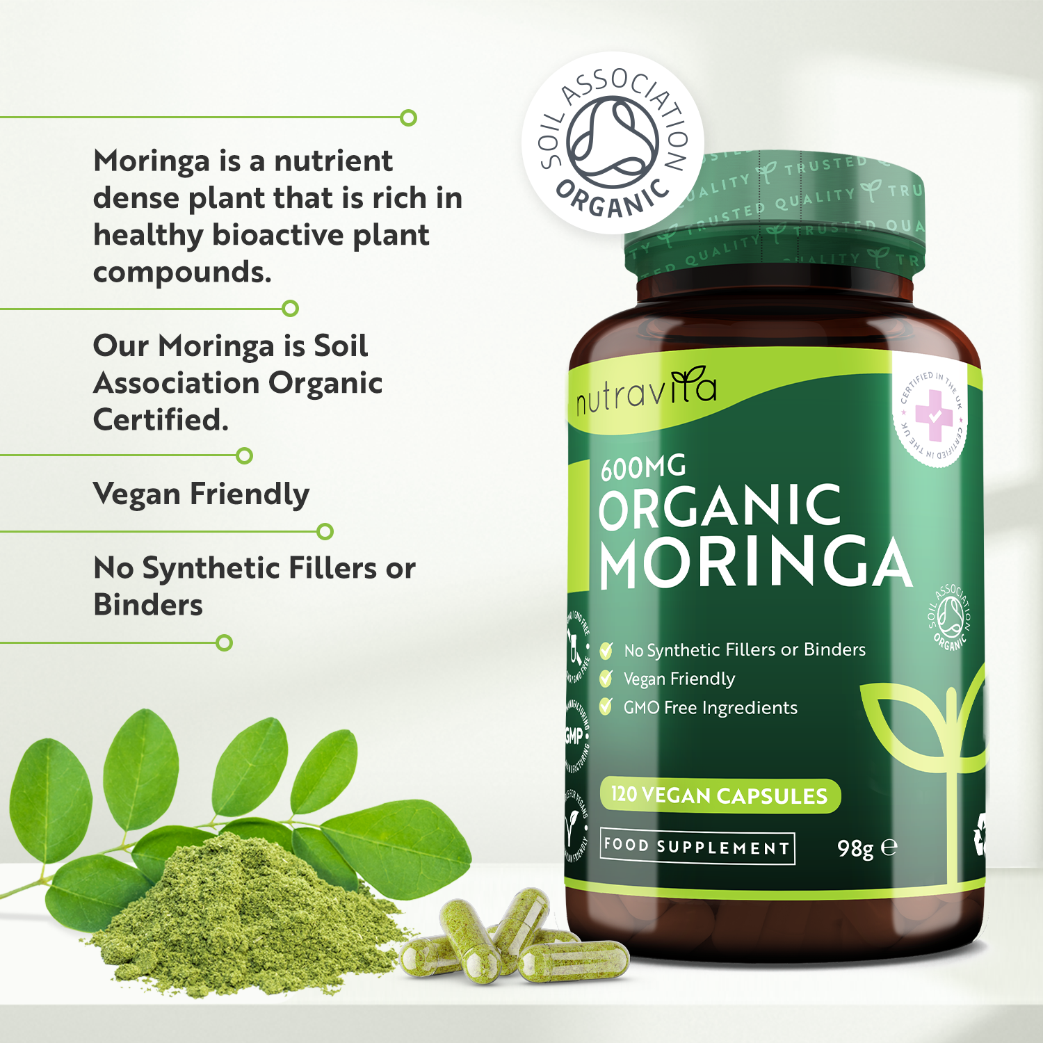 Organic Moringa 600mg - 120 Vegan Capsules