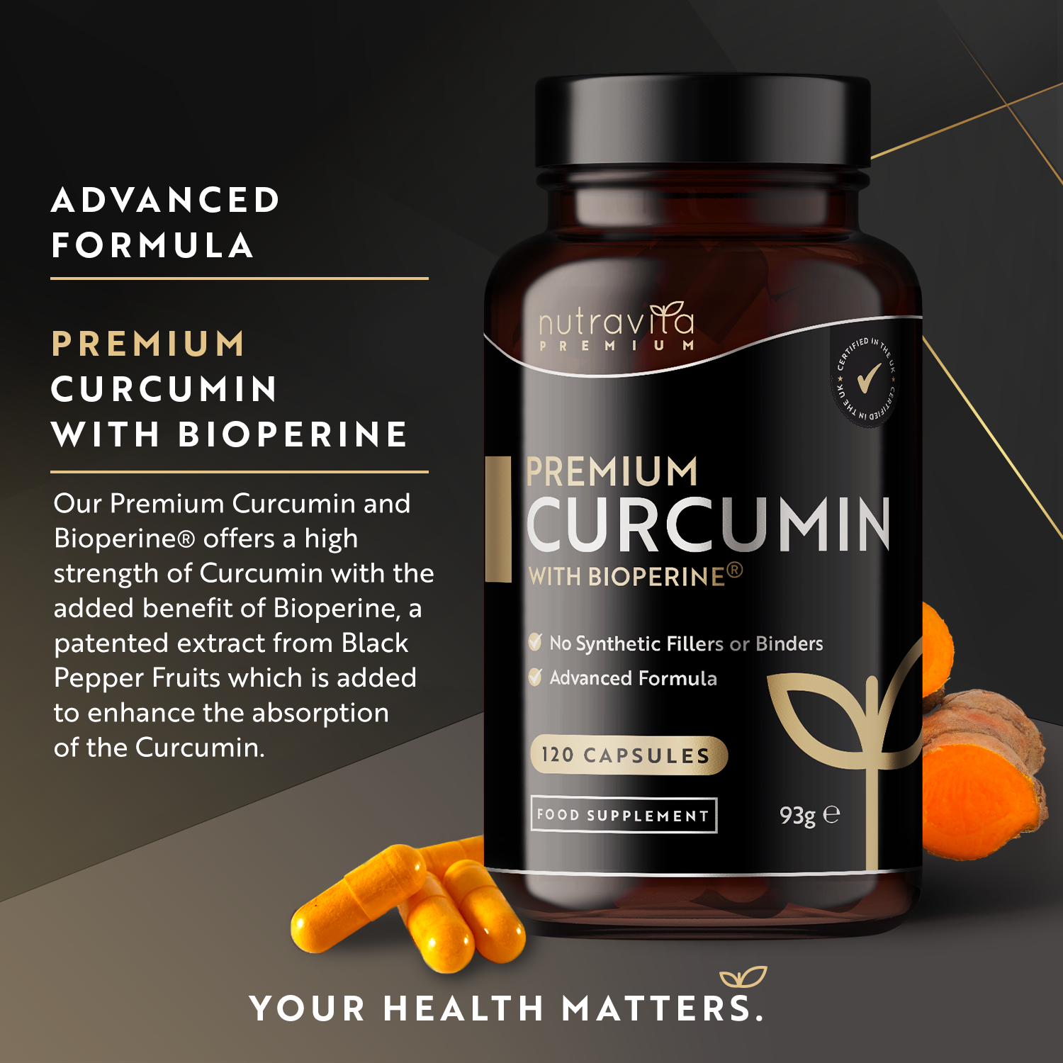 Premium Curcumin 95% Curcuminoids with Bioperine® - 120 High Strength Vegan Capsules