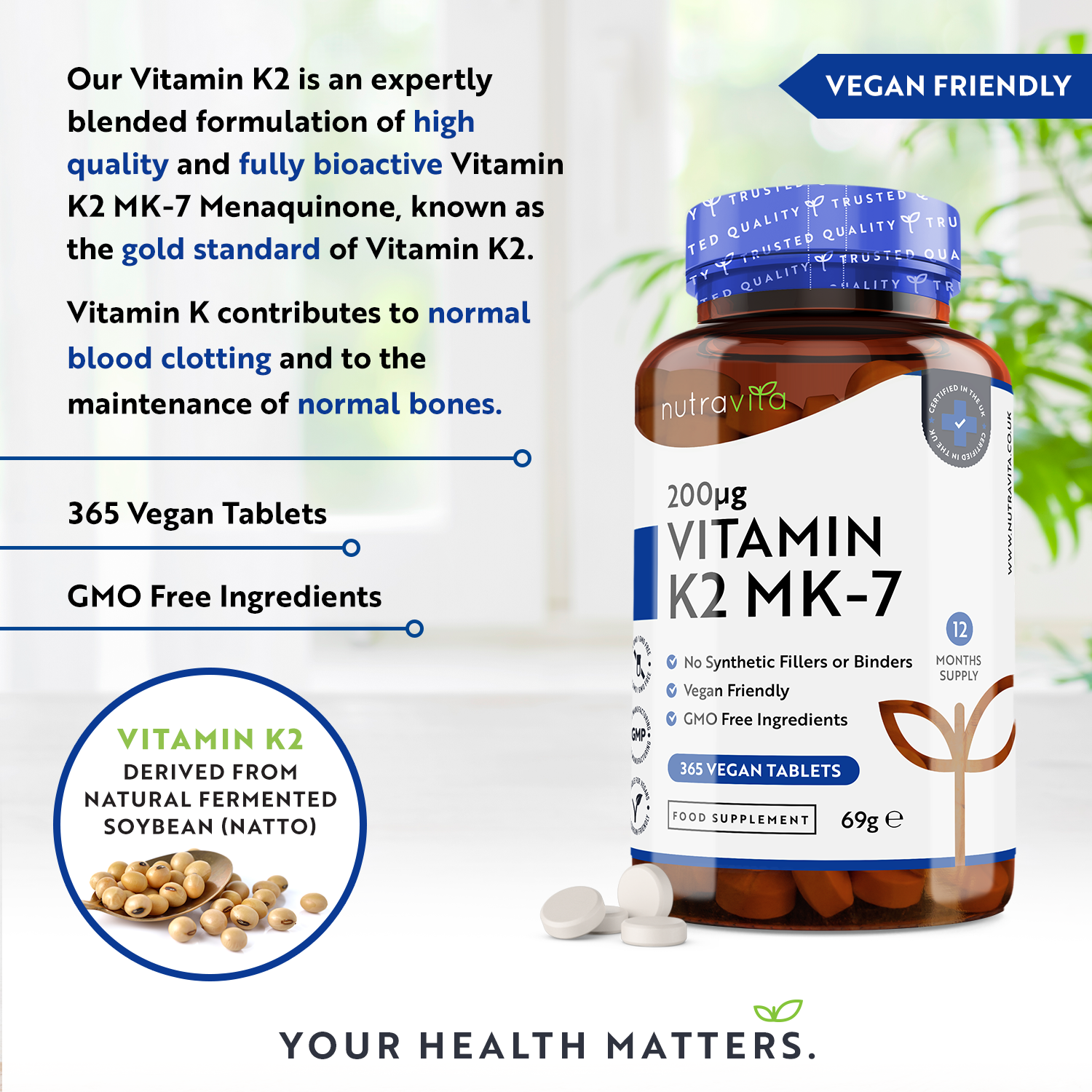 Vitamin K2 MK-7 200mcg - 365 Vegan Micro Tablets
