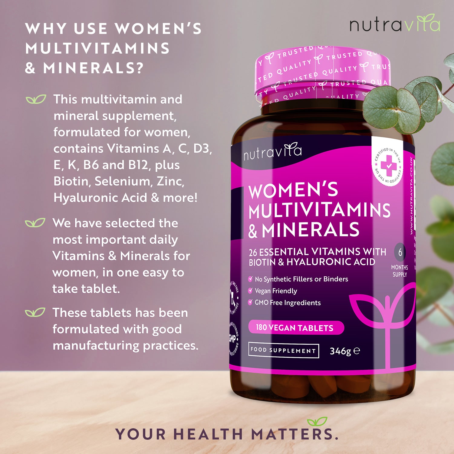 Women's Multivitamins with Biotin and Hyaluronic Acid 180 Vegan Tablets