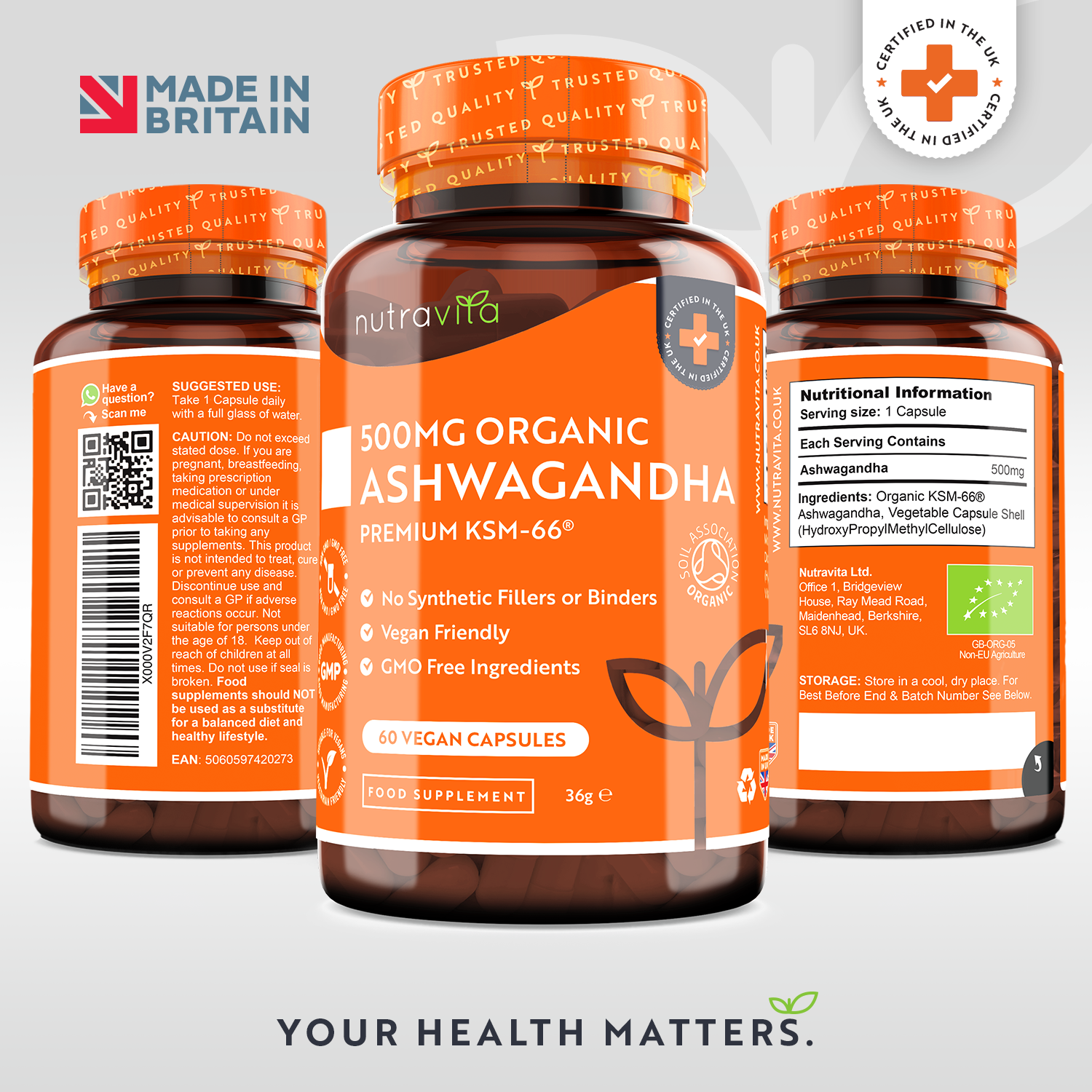 Organic Ashwagandha KSM 66 500mg 60 Vegan Capsules