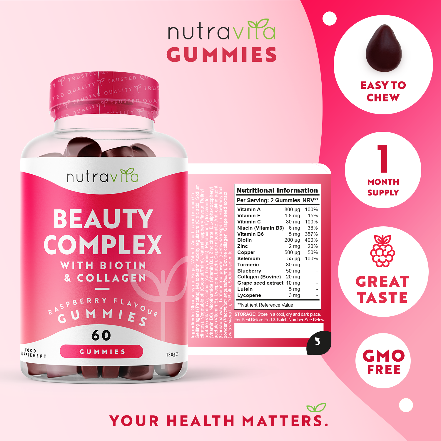 Biotin & Collagen Beauty Gummies - 60 Gummies with Selenium & Zinc