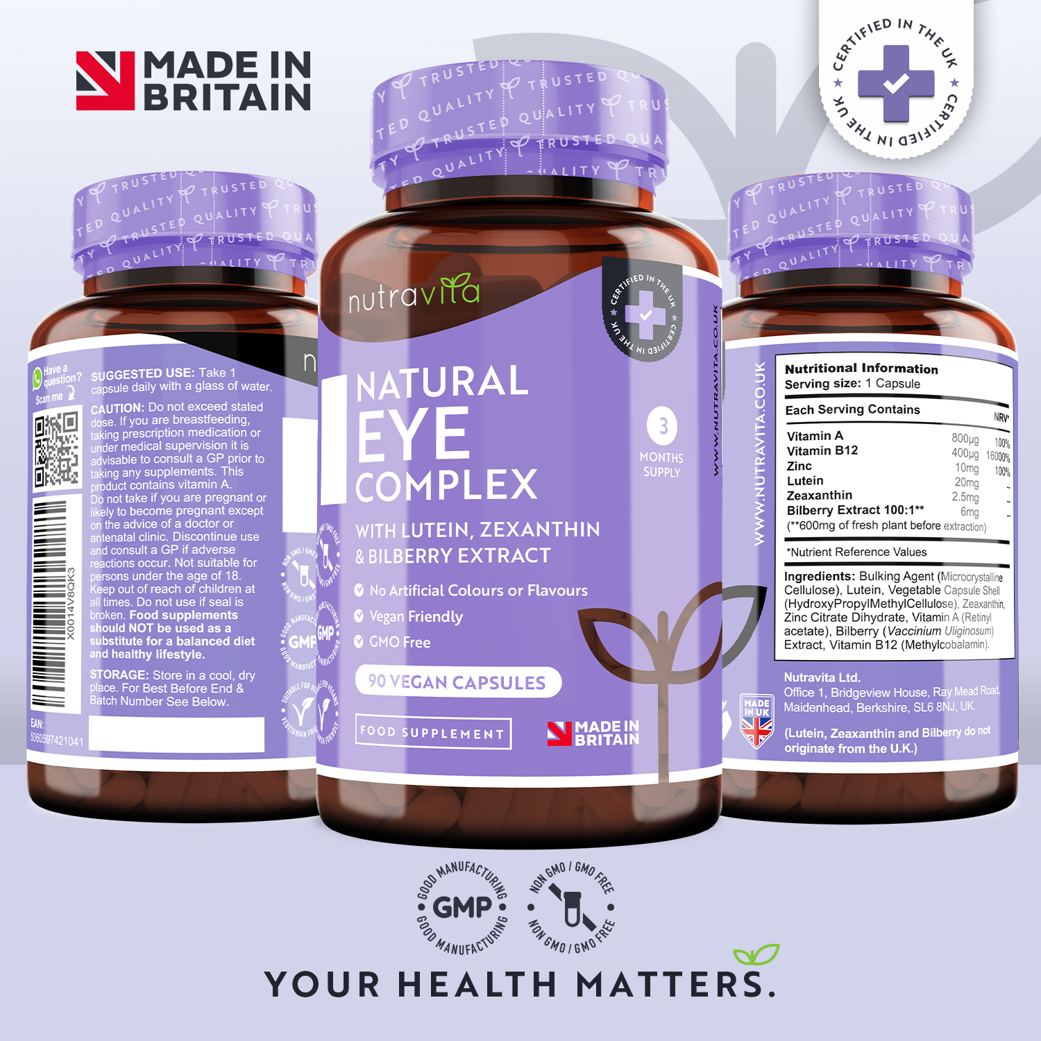 Natural Eye Complex 90 Vegan Capsules with Bilberry, Lutein & Zeaxanthin.