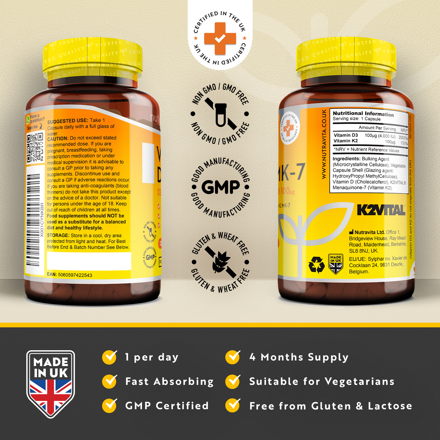 Vitamin D3 4000IU  & Vitamin K2VITAL®️ 100ug 120 Vegetarian Capsules