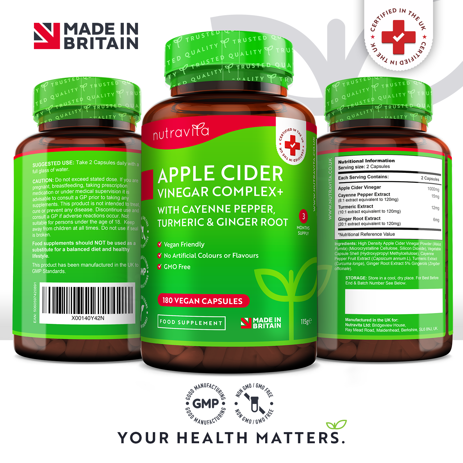 Apple Cider Vinegar - 180 Vegan Capsules with Pepper, Turmeric and Ginger