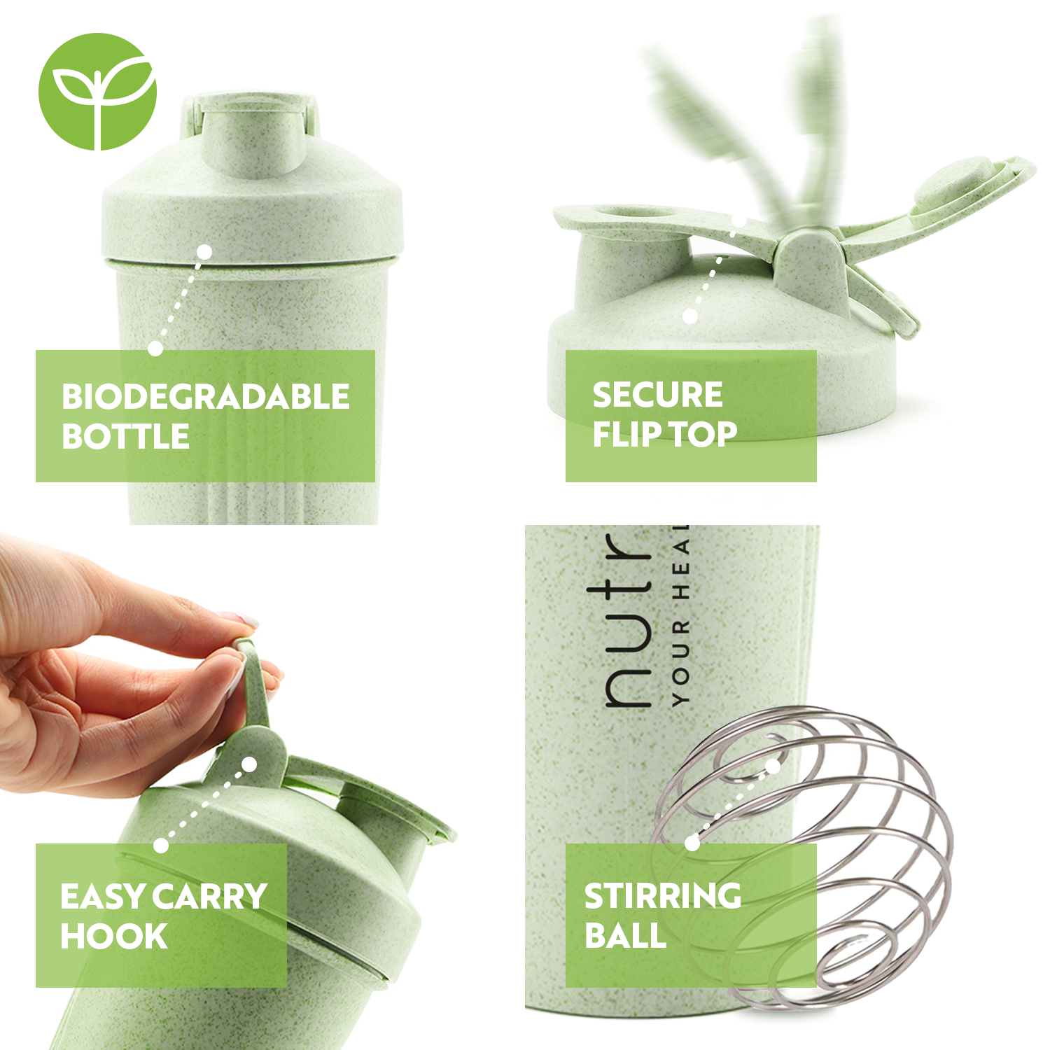 Wheat Straw Shaker Bottle 600ml - Ideal for Protein Shakes and Powder Supplements Biodegradable 50% Eco-Friendly Wheat Straw Plastic