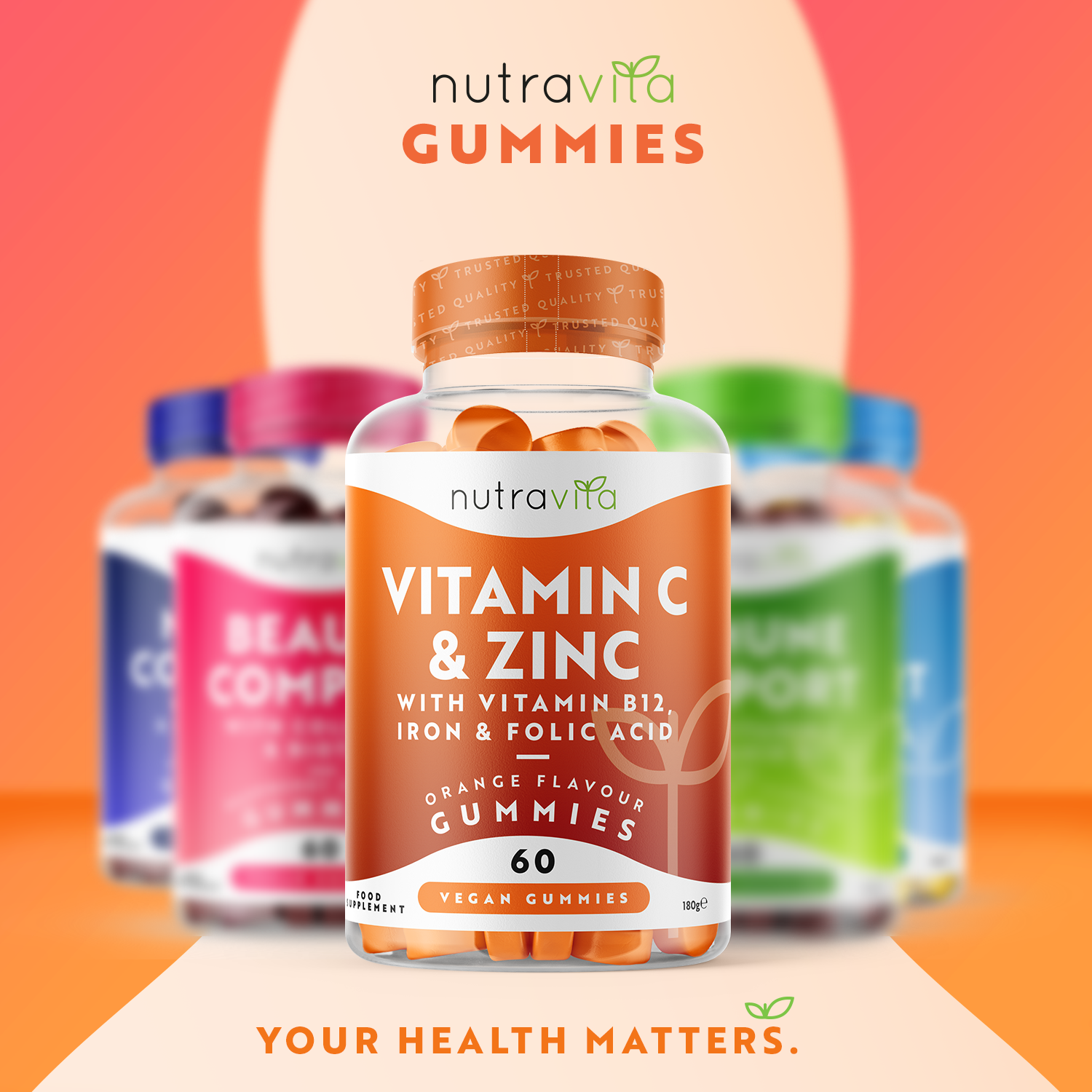 Vitamin C Gummies - 60 Vegan Gummies with Zinc, B12, Iron & Folic Acid