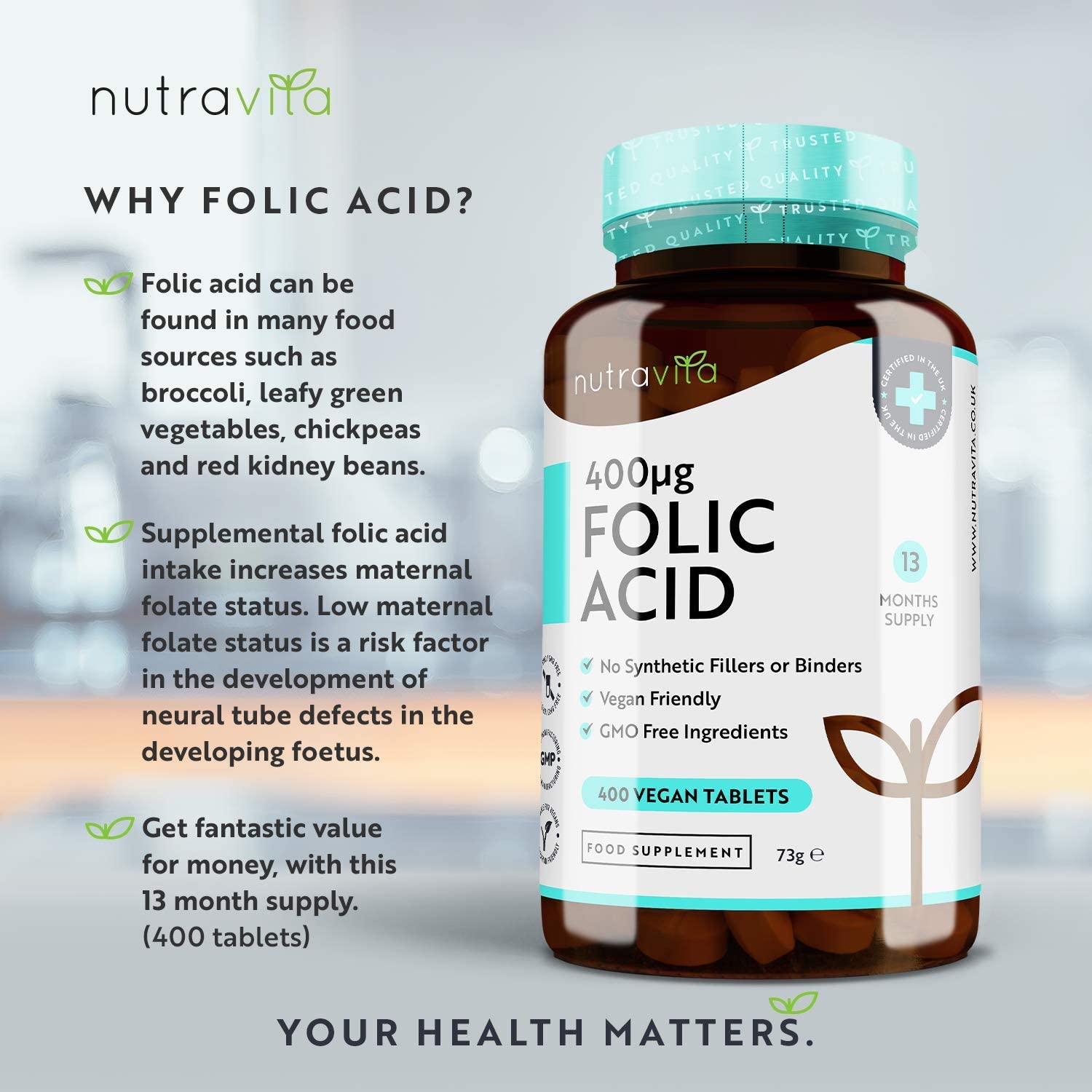 Folic Acid Tablets 400ug - 400 Vegan Tablets