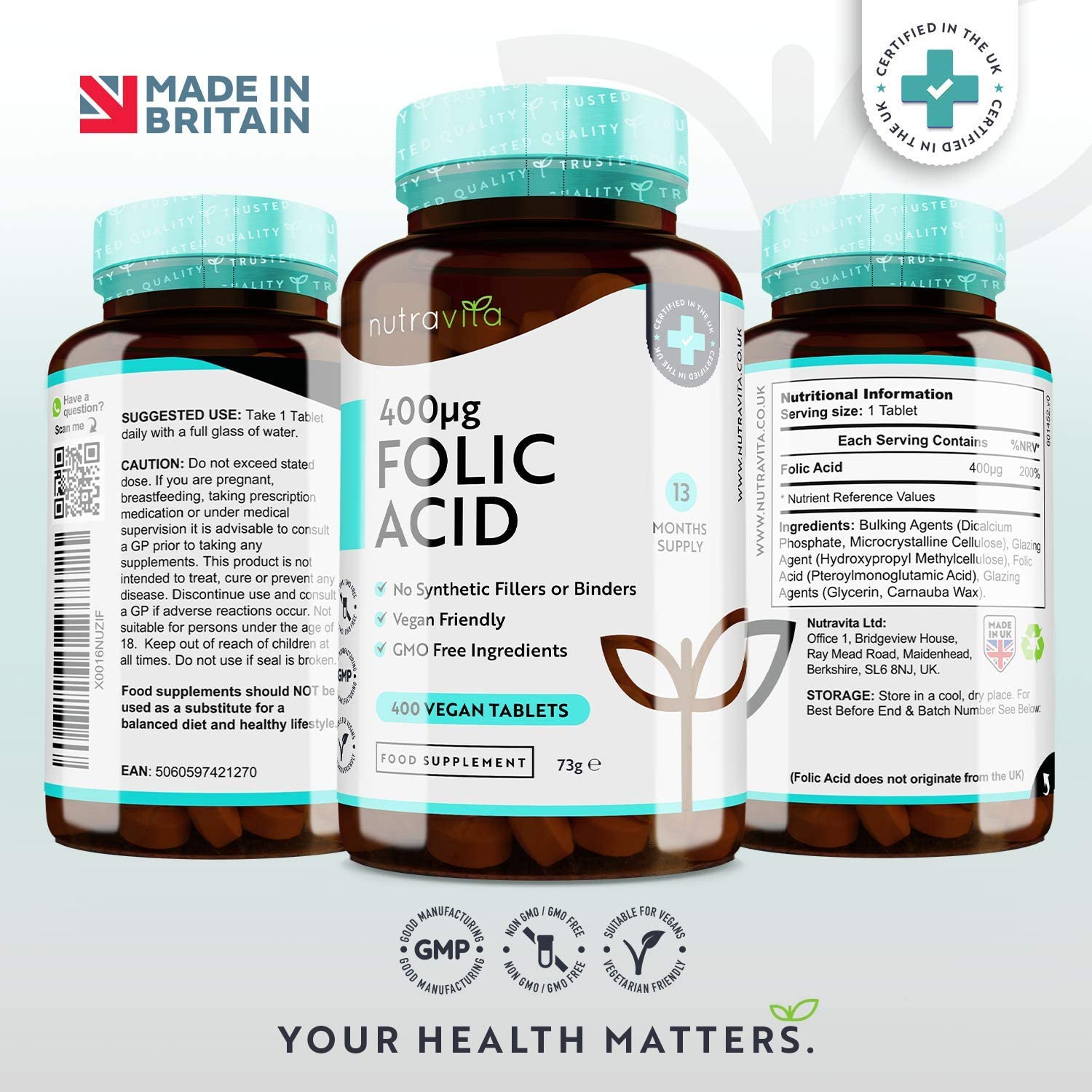 Folic Acid Tablets 400ug - 400 Vegan Tablets