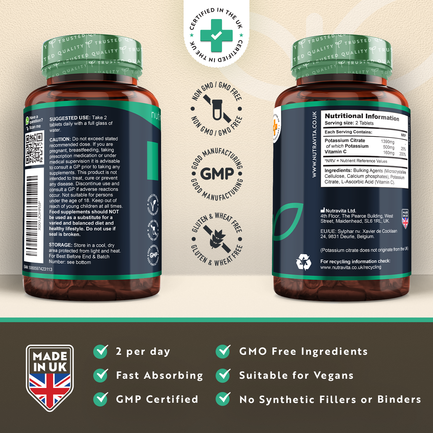 Potassium Citrate with Vitamin C - 180 Vegan Tablets