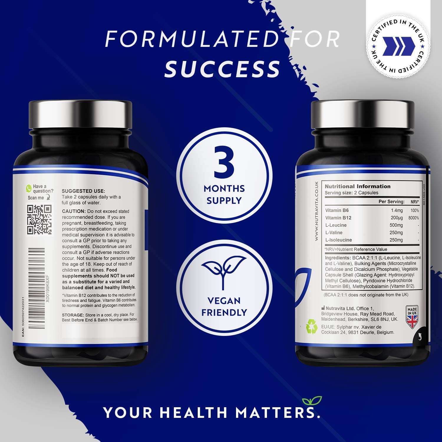 BCAA (2:1:1 ) with Vitamin B6 & B12 180 Vegan Capsules