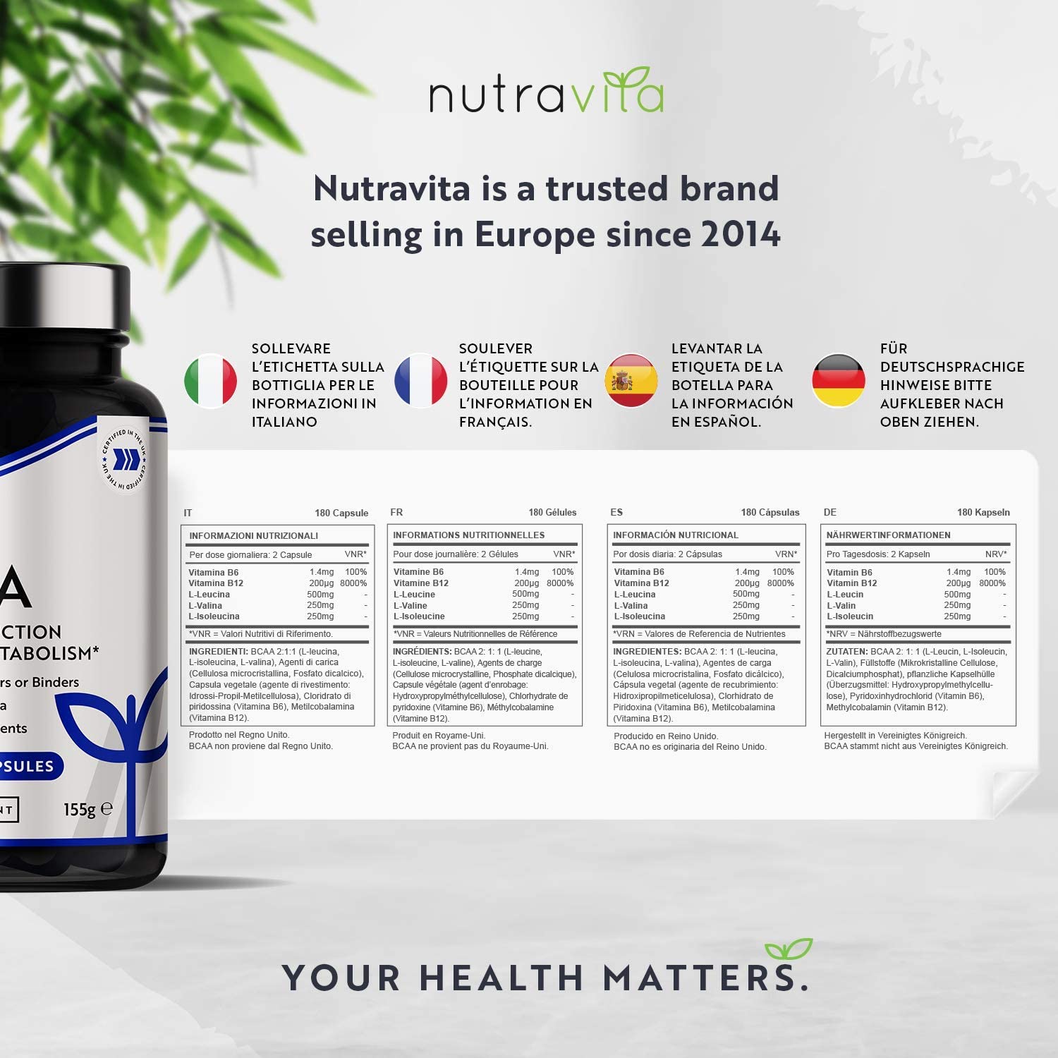 BCAA (2:1:1 ) with Vitamin B6 & B12 180 Vegan Capsules