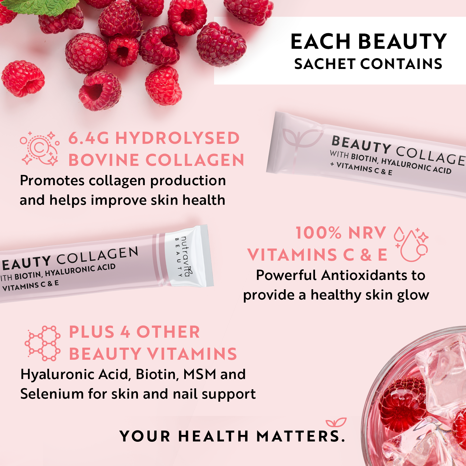 Collagen Sachets - Enhanced with Biotin, Hyaluronic Acid, Vitamin C & E - 30 Raspberry Flavoured Sachets