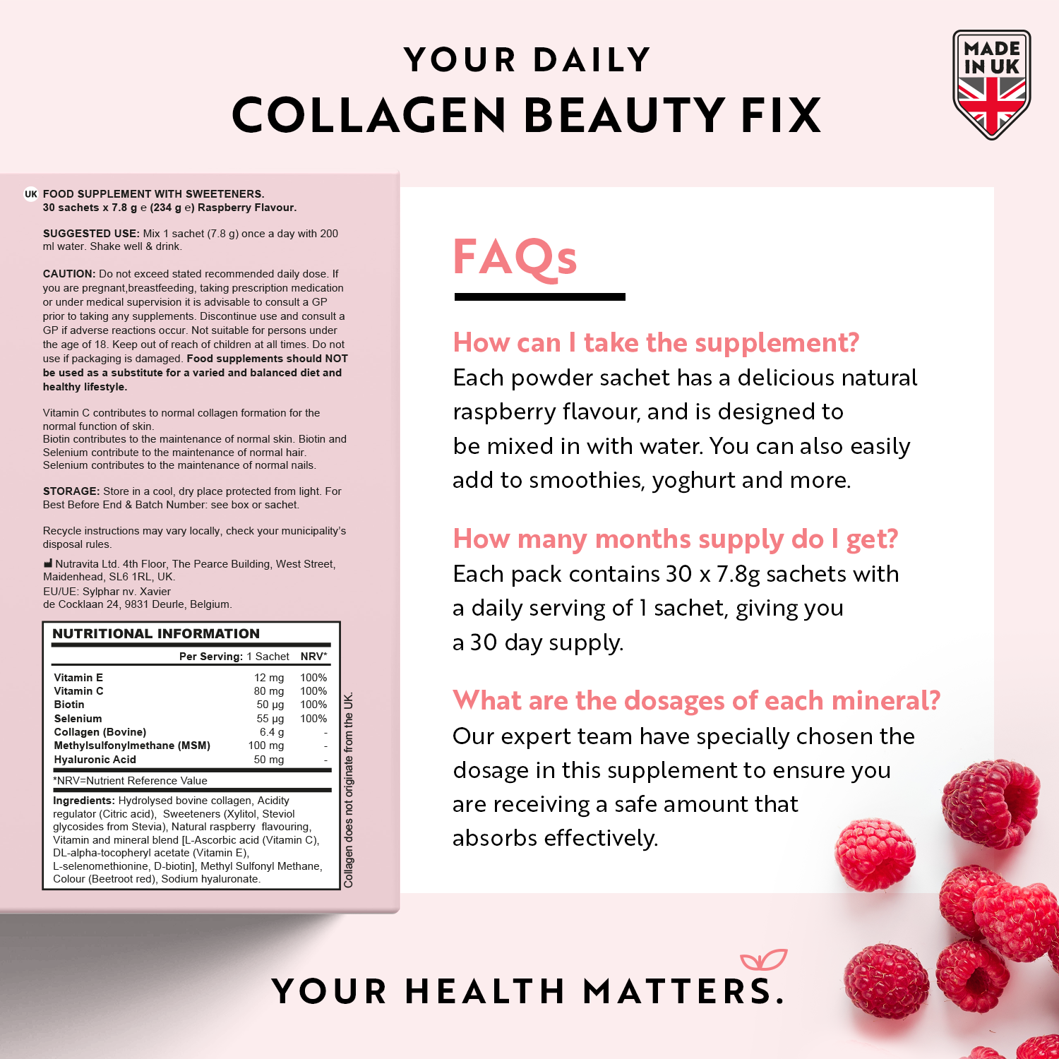 Collagen Sachets - Enhanced with Biotin, Hyaluronic Acid, Vitamin C & E - 30 Raspberry Flavoured Sachets