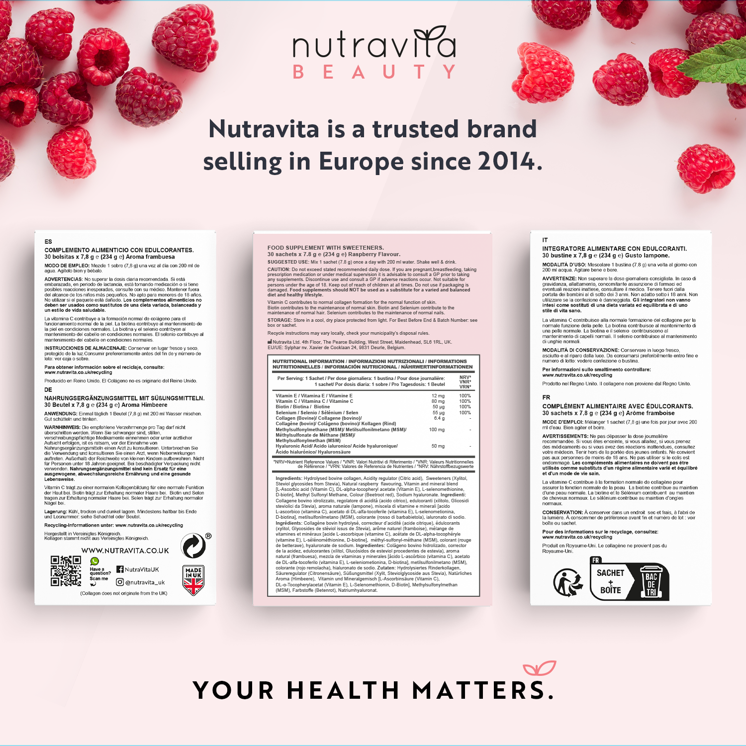 Collagen Sachets - Enhanced with Biotin, Hyaluronic Acid, Vitamin C & E - 30 Raspberry Flavoured Sachets