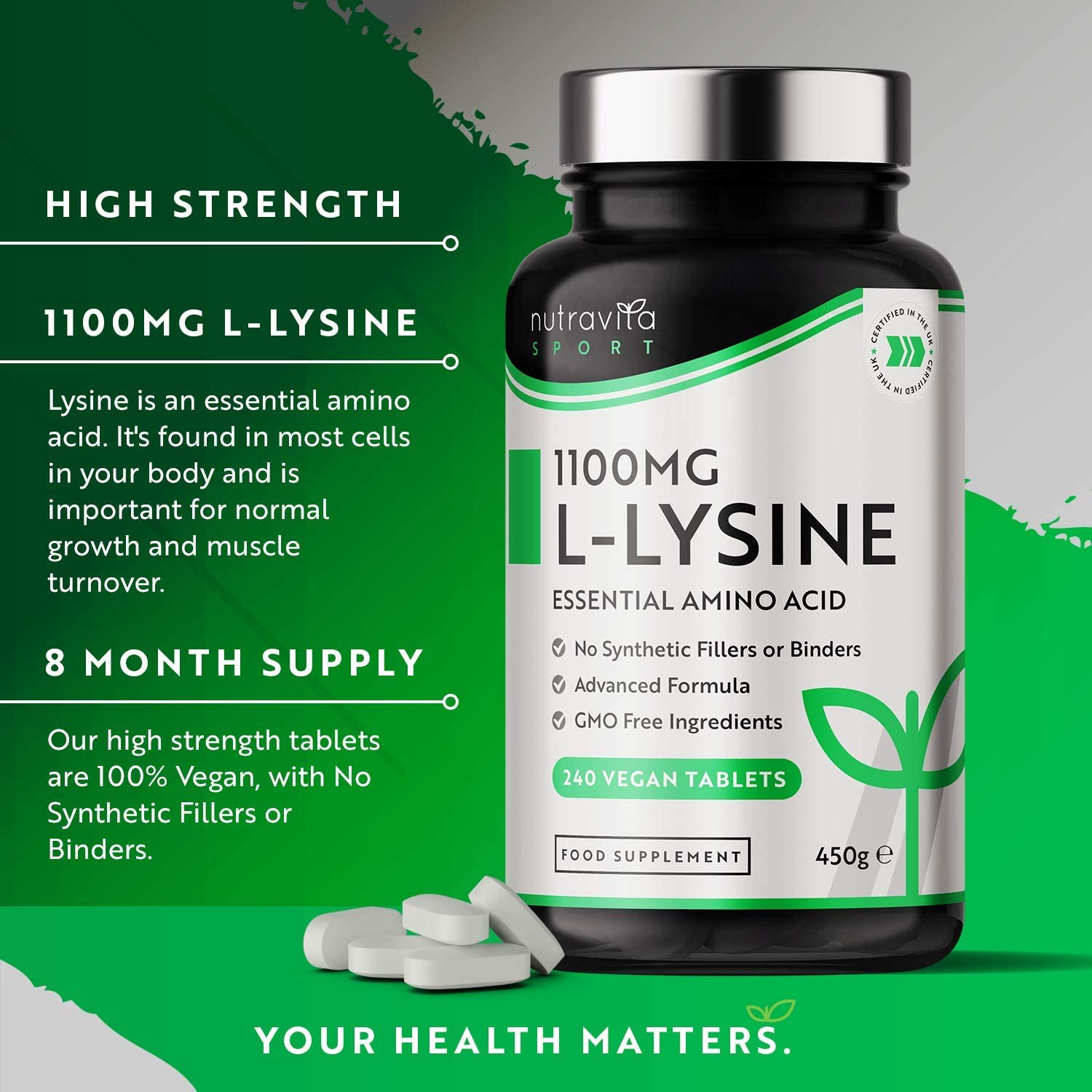 L-Lysine 1100mg 240 Vegan Tablets