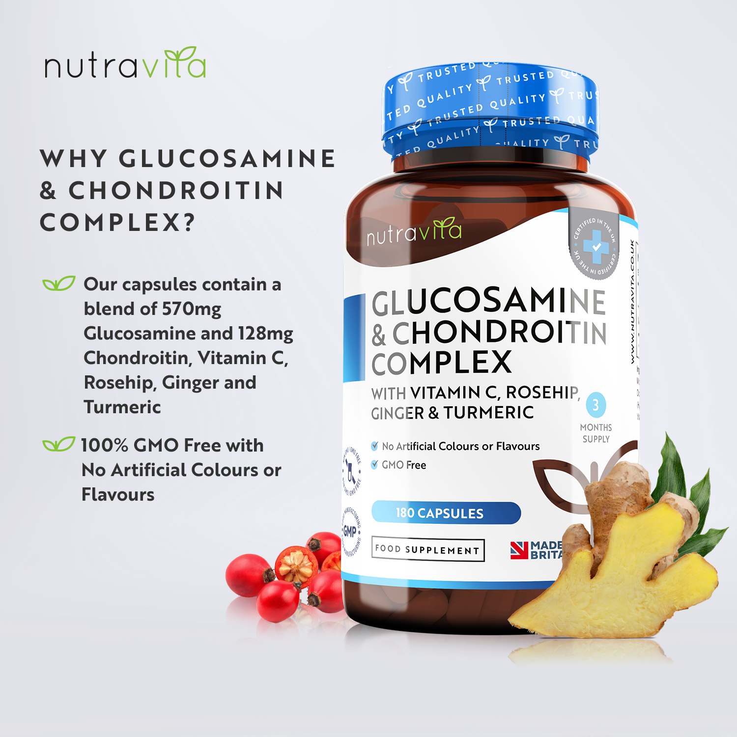 Glucosamine Chondroitin 180 Capsules with Turmeric, Ginger & Vitamin C