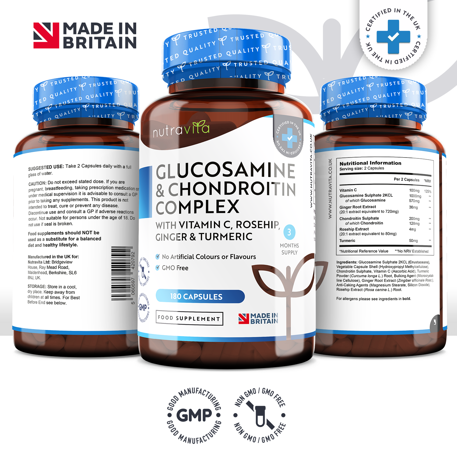 Glucosamine Chondroitin 180 Capsules with Turmeric, Ginger & Vitamin C